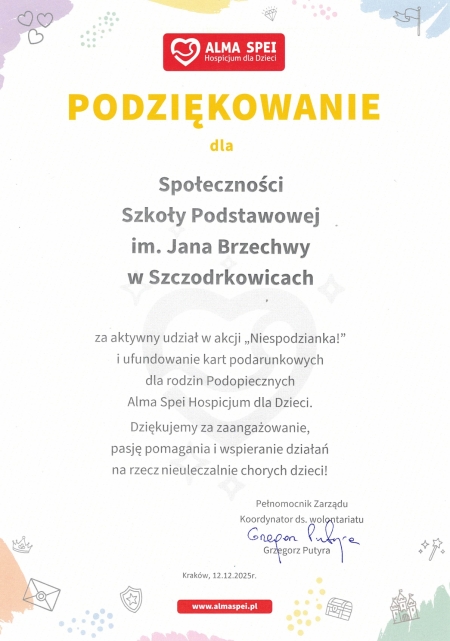 Podziękowanie za współpracę z Hospicjum dla Dzieci Alma Spei.